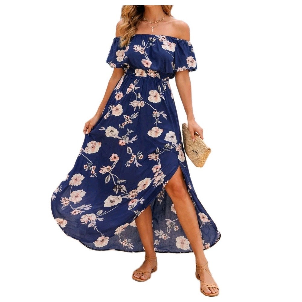 On/Off-Shoulder Maxi Dress Size XL Navy Pink Floral Curved Hem Side Slits